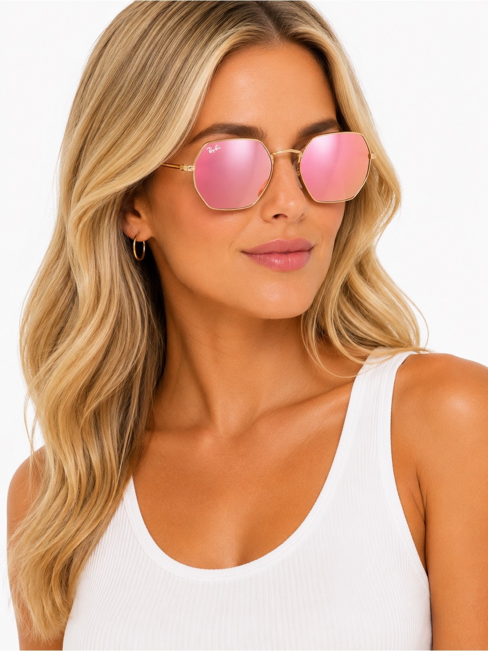 NEW Ray-Ban Women’s Octagonal 55-21-145 Gold Metal Sunglasses in Pink Lens
